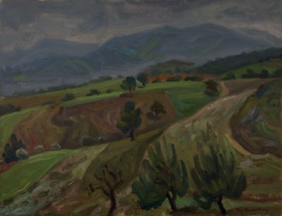 Kapandriti Landscape with Rain — Oil painting, Canvas, 50.00×65.00cm — Theodoros Markellos